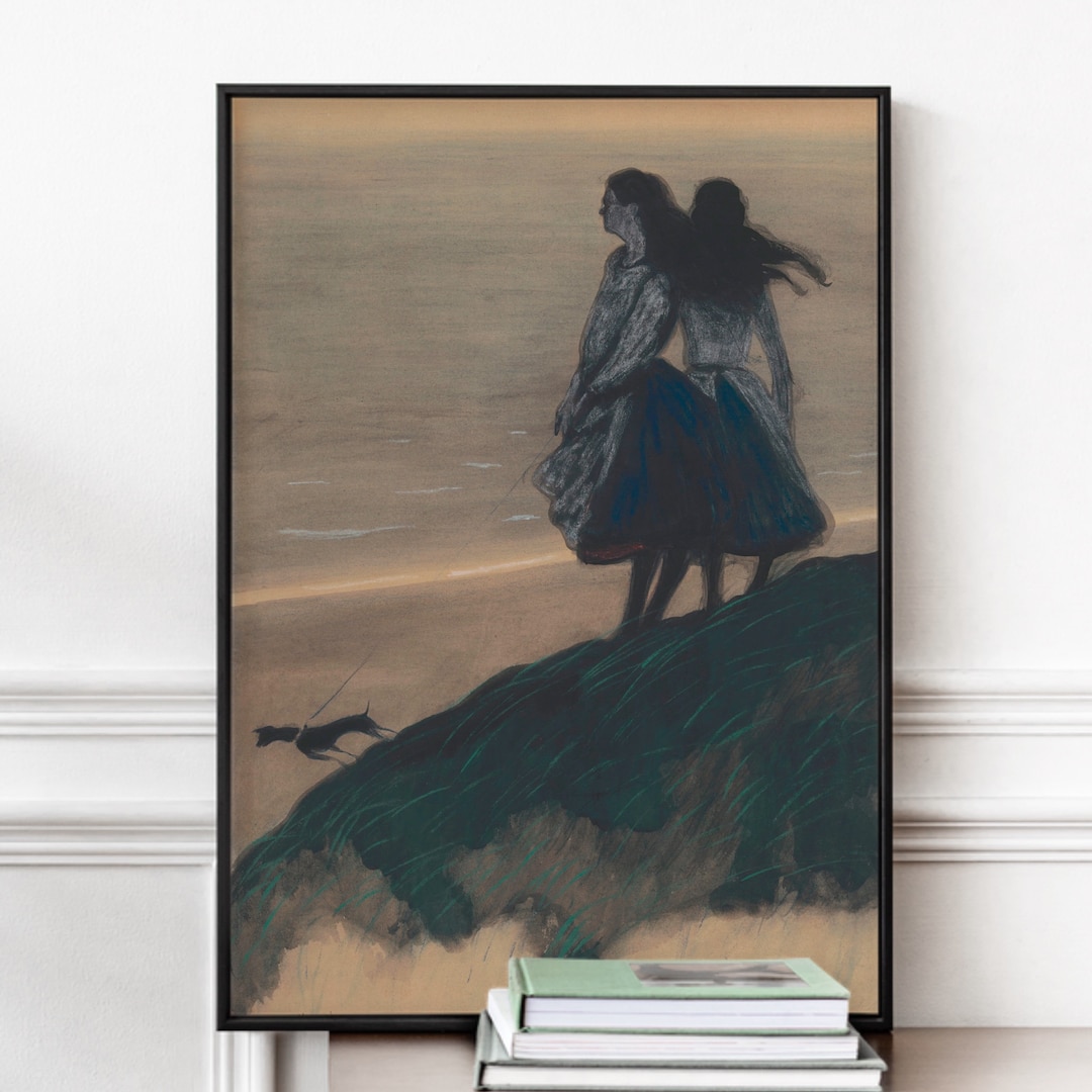 Vintage Beach Painting, Girls on a Dune, Coastal Sand Dune Art, High ...