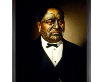 May include: A portrait painting of a man with a dark background. The man is wearing a black suit with a white shirt and a black bow tie. He has a dark complexion and intricate facial tattoos.
