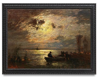 Moonlight on Water, Peaceful Antique Landscape Painting Art Print, Dark Moody Landscape, Boat Night Landscape, Moonlit Night, 19th Century
