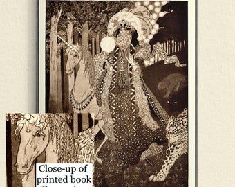 1910 Gothic Book Unicorn Illustration, Art Nouveau Reproduction Art Print, Fairytale Art, Sepia Brown Wall Art, Sidney Sime, Leopard Art