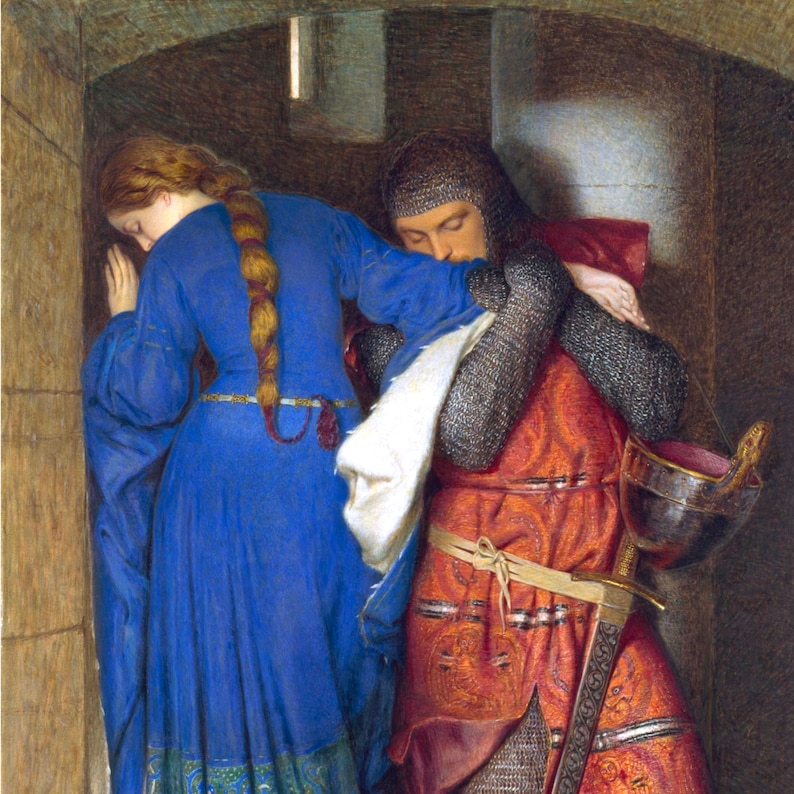 May include: A painting depicting a man and a woman in a medieval setting. The man is wearing chainmail armor and a red tunic, while the woman is wearing a blue dress. The man is holding a sword and a shield, and the woman is holding a white cloth. The painting is set in a dark, shadowy room.