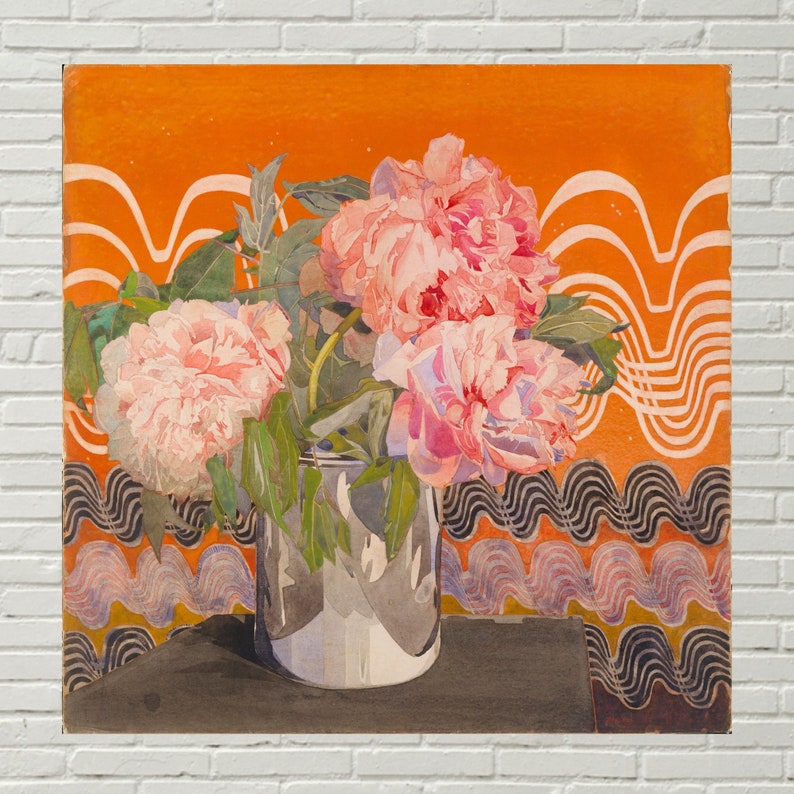 May include: A watercolor painting of pink peonies in a silver vase against a background of orange and black wavy lines.