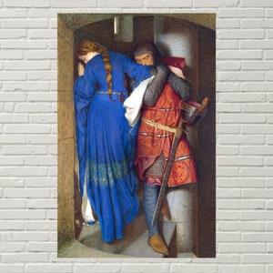 May include: A painting of a man and woman in a medieval setting. The woman is wearing a blue dress and the man is wearing armor and a red cloak. They are standing in a doorway and appear to be embracing.