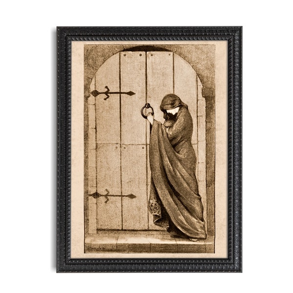 Mysterious Woman at Medieval Door, 5x7" Only, Reproduction Antique Book Illustration, Knocking on Door Art, Early 1900s, Vintage Book Art