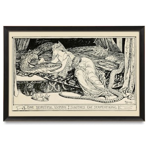 Reproduction Antique Fairytale Artwork, The Serpent King, Henry Justice Ford, 19th Century, Victorian Black and White Illustration, Snake