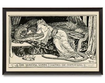 Reproduction Antique Fairytale Artwork, The Serpent King, Henry Justice Ford, 19th Century, Victorian Black and White Illustration, Snake