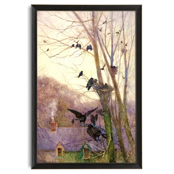 Murder of Crows, Shades of Evening, Antique Watercolor