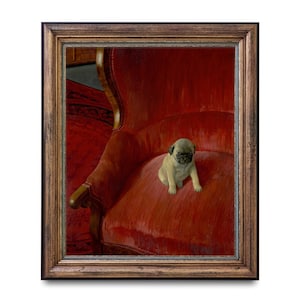 Pug Puppy Painting, Vintage Art, Antique Dog Art, Antique Reproduction Painting, High Quality Art Print, Little Pug on Red Velvet Chair