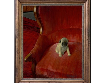 Pug Puppy Painting, Vintage Art, Antique Dog Art, Antique Reproduction Painting, High Quality Art Print, Little Pug on Red Velvet Chair