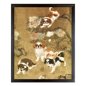 Puede incluir: Una pintura de cuatro perros Pekineses en un entorno de jard&iacute;n. Los perros son blancos, marrones y negros con collares rojos. El fondo es de color marr&oacute;n claro con flores y ramas.