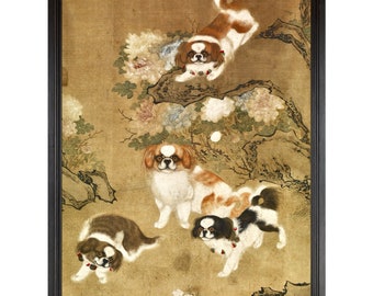 May include: A painting of four Pekingese dogs in a garden setting. The dogs are white, brown, and black with red collars. The background is a light brown with flowers and branches.