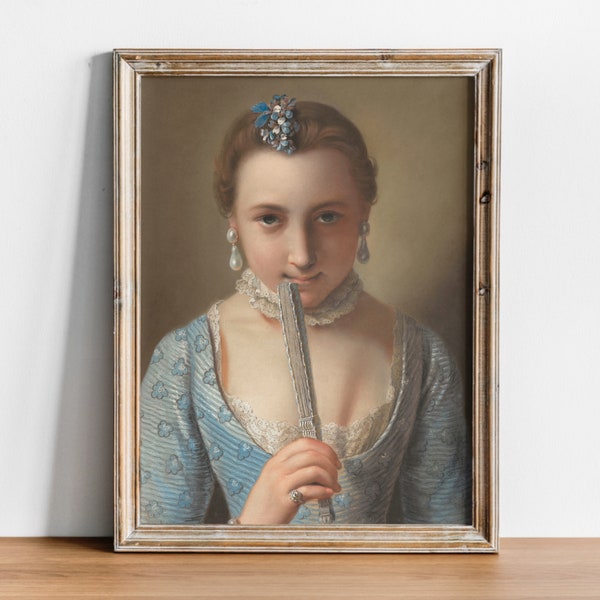 Antique Baroque Oil Painting, 18th Century Elegant Woman with a Fan, Italian Regency Painting, Pietro Rotari, Fine Art Print, Silver Blue