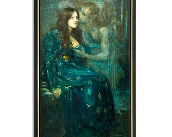 May include: A painting of a woman in a teal blue dress with gold embroidery, sitting and looking to the right. A translucent figure in white is standing behind her, with their hand on her chest.