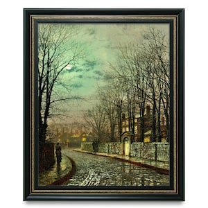 Rainy Night, Moonlit Landscape, The Tryst, Antique Night Scene, John Atkinson Grimshaw, High Quality Fine Art Print, Romantic, Cobblestones