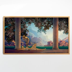 May include: A painting of two figures in a classical setting. The figures are nude and are standing in front of a large body of water. The background is a landscape of mountains and trees. The painting is done in a realistic style and is very detailed.