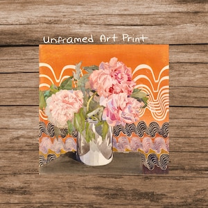 May include: A watercolor painting of pink peonies in a silver vase against a background of orange and black wavy lines. The painting is titled "Unframed Art Print".