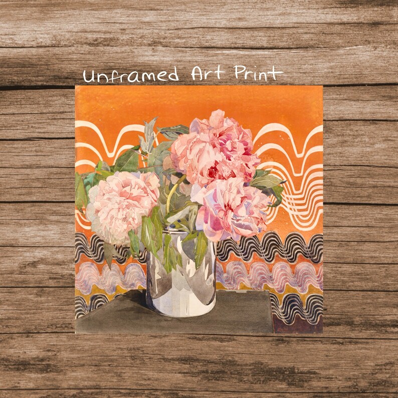 May include: A watercolor painting of pink peonies in a silver vase against a background of orange and black wavy lines. The painting is titled "Unframed Art Print".