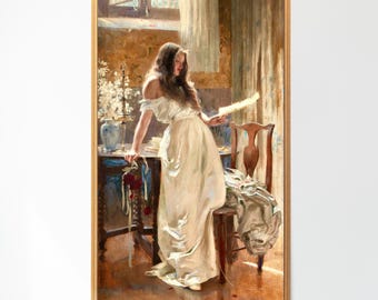 Sensual Beautiful Woman Reading a Letter in a Sunny Room, Herbert James Draper,  Victorian Edwardian Art, Antique Painting Art Print