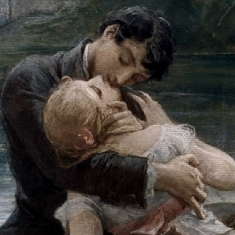 May include: A painting of a couple embracing. The man is wearing a dark jacket and the woman is wearing a white dress. They are both looking at each other with love and affection.