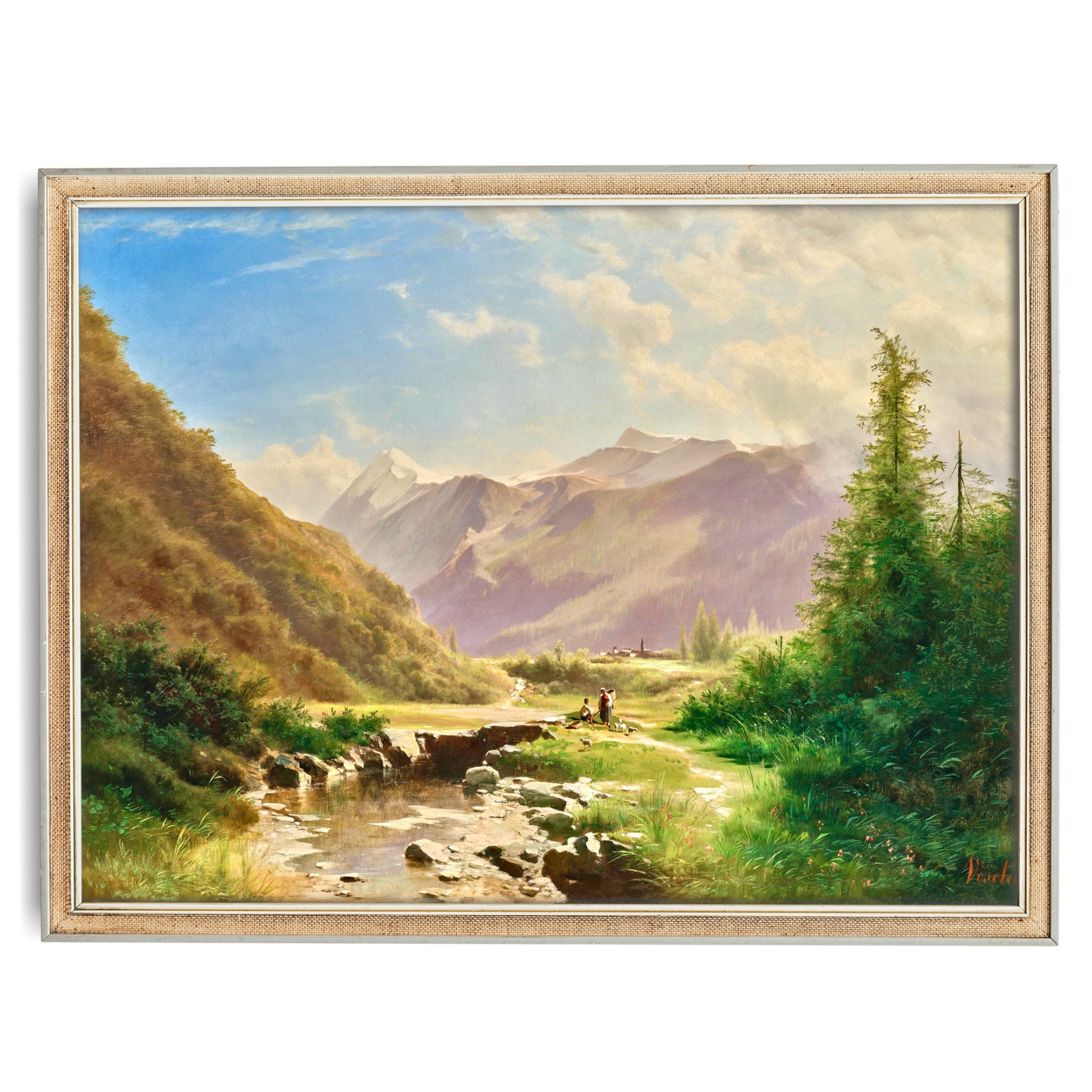 Scenic Mountain Landscape With River, 19th Century Painting Art