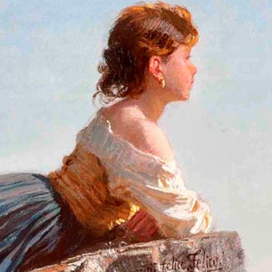 May include: A painting of a woman with red hair wearing a white and gold dress. She is looking off to the side and has a thoughtful expression on her face.