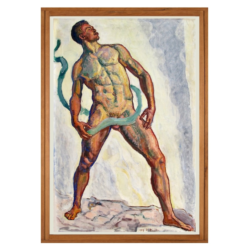 Puede incluir: Una pintura de una figura masculina desnuda de pie con una cinta verde alrededor de la cintura. La figura est&aacute; pintada de una manera estilizada y expresiva con colores fuertes y pinceladas. El fondo es azul claro y blanco.