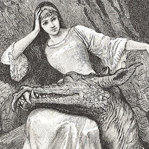 May include: An antique black and white illustration depicts a woman in a flowing gown, resting her head on her hand. A dragon-like creature is positioned in front of her. The artwork has a detailed, engraved style, with visible textures and shading.