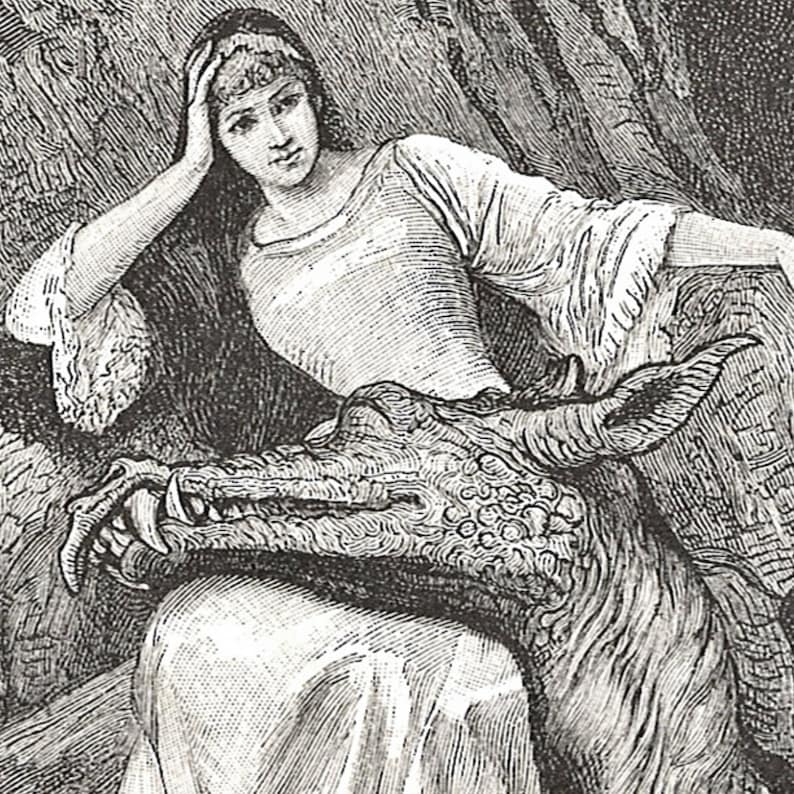 May include: An antique black and white illustration depicts a woman in a flowing gown, resting her head on her hand. A dragon-like creature is positioned in front of her. The artwork has a detailed, engraved style, with visible textures and shading.