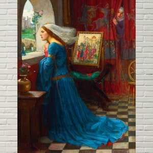 May include: A woman in a blue gown and white veil gazes out of a window at a castle in the distance. She is standing in a room with a tapestry on the wall and a spinning wheel in the corner.