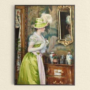 The Mirror, Elegant Lady, Victorian Home Art, 19th Century Art, Victorian Lady, Gunnar Berndtson, Chartreuse Art Print, Fancy Antique Art