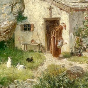 May include: A painting of a man in a brown robe watering plants outside a small stone building. There are three white rabbits in the grass.