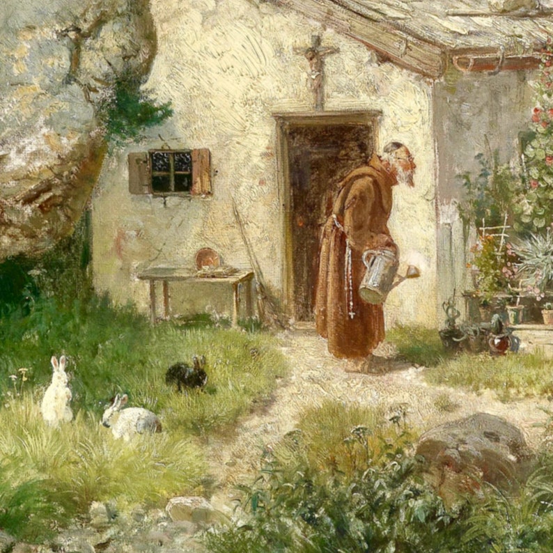 May include: A painting of a man in a brown robe watering plants outside a small stone building. There are three white rabbits in the grass.