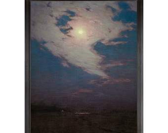 Soaring Clouds, Full Moon Night Painting Art Print, Antique Art, Dramatic Moon Art, Night Sky, Birge Harrison, Cloud Art, Bedroom Wall Decor