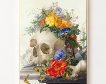 Vanitas Skull Painting with Flowers, Dutch Still Life, Herman Henstenburgh, High Quality Fine Art Print, Gothic Skull Sketeton Art