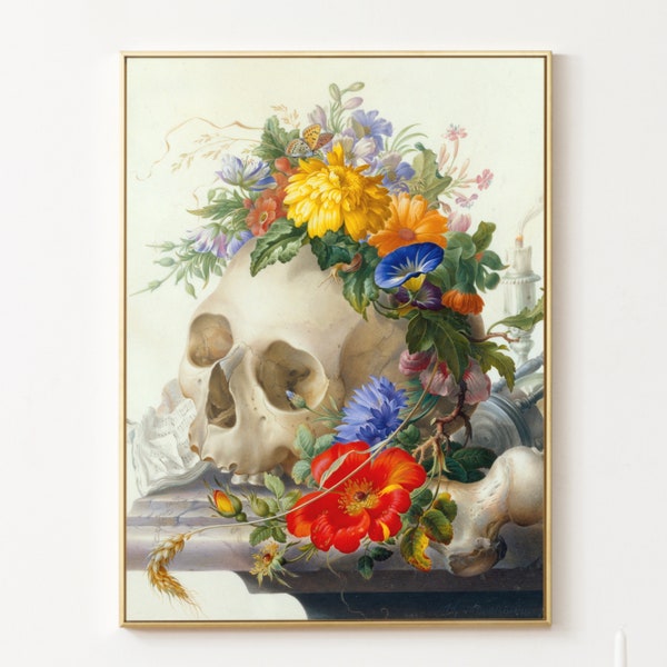 Vanitas Skull Painting with Flowers, Dutch Still Life, Herman Henstenburgh, High Quality Fine Art Print, Gothic Skull Sketeton Art