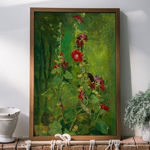 Red Hollyhocks, John La Farge, High Quality Fine Art Print, Antique Artwork, Red and Green, Red Flowers Painting, Emerald Green, Jewel Tones
