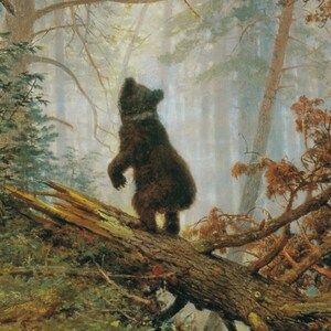 Vintage Painting Bears in the Woods, Antique Bear and Cubs in Pine ...
