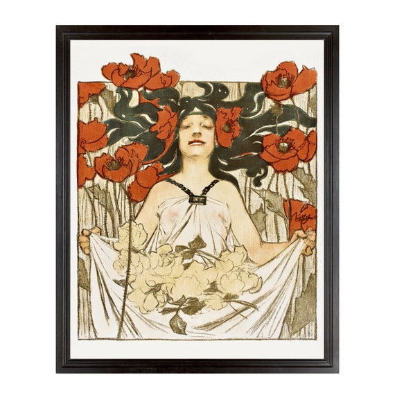 Smiling Woman With Red Poppies, Art Nouveau Illustration Magazine