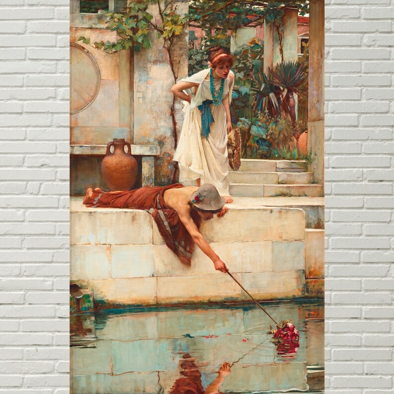 以下が含まれることがあります： 赤いチュニックを着た若い男性が棒を持って水たまりに手を伸ばしている絵画。白いドレスに青い帯をつけた女性が彼の後ろの石の縁に立っている。水たまりは石の壁に囲まれており、背景には植物と木がある。