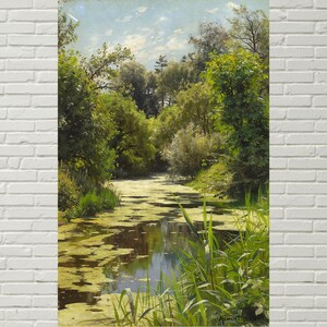 May include: A painting of a lush green forest with a winding river flowing through it. The river is covered in green algae and the trees are reflected in the water. The sky is blue with white clouds.