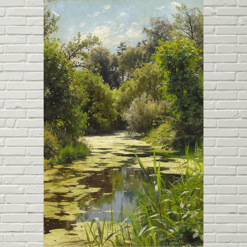 May include: A painting of a lush green forest with a winding river flowing through it. The river is covered in green algae and the trees are reflected in the water. The sky is blue with white clouds.