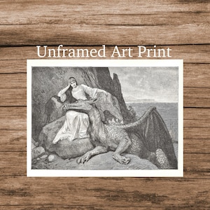 May include: Black and white art print featuring a woman in a flowing gown seated on a rock, with a dragon. The dragon has large wings and is lying down. The text "Unframed Art Print" is at the top.