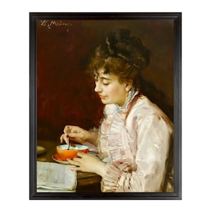 May include: A painting of a woman in a pink dress sitting at a table, stirring a cup of orange-red tea with a spoon. She is reading a newspaper and has a thoughtful expression on her face.