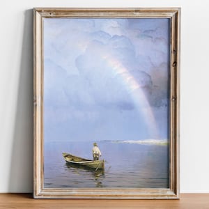 The Rainbow, Antique Landscape Painting, Man in Boat on Water, Nikolay Dubovkoy, Inspirational Painting, Light Periwinkle Blue Art Print
