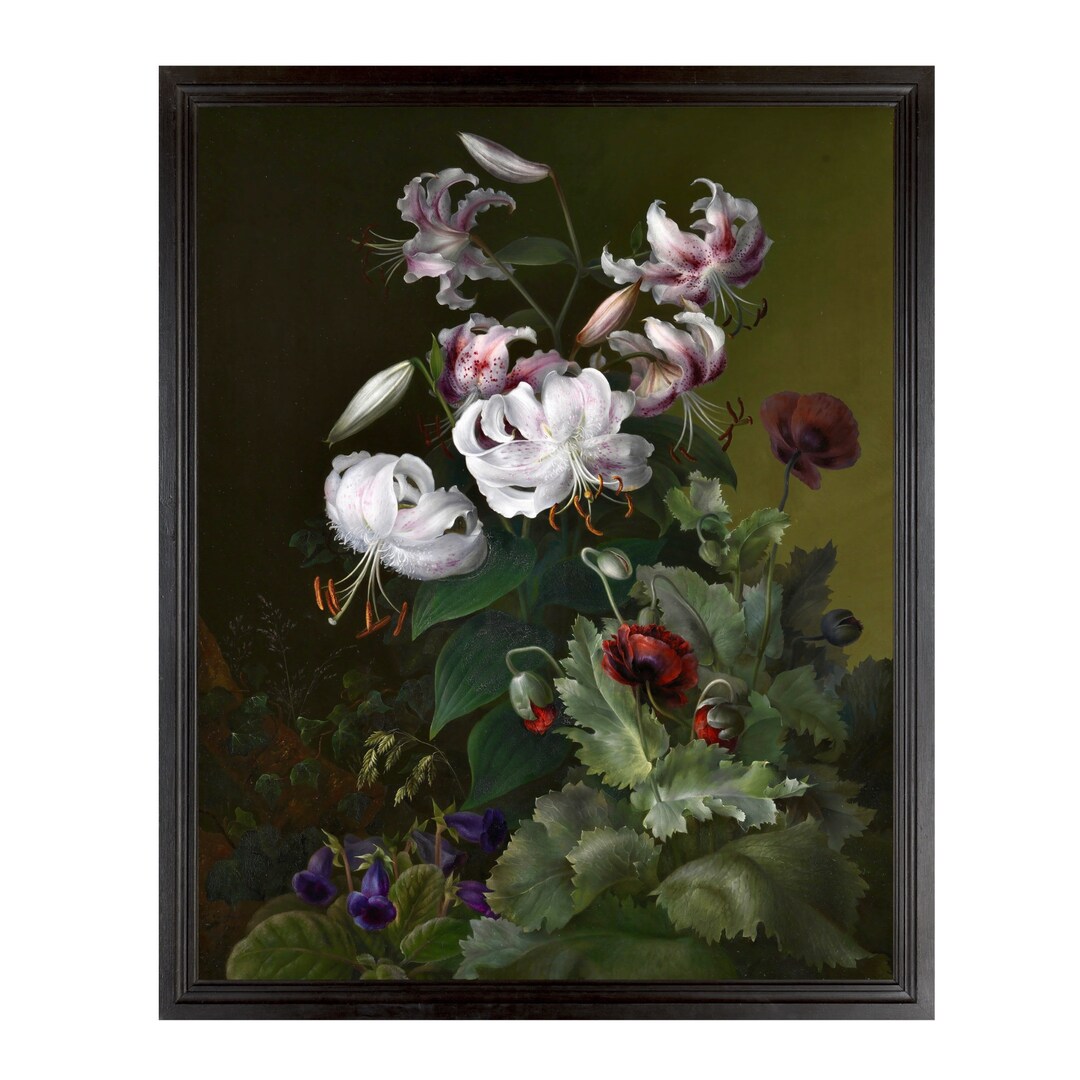 Oriental Lilies and Poppies, Dark Antique Floral Print, High Quality ...