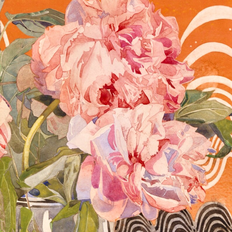 May include: A watercolor painting of pink peonies with green leaves against a background of orange and black geometric shapes.