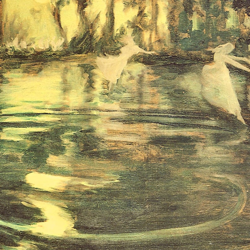 May include: Two figures in white dresses dance on a green and yellow water surface. The figures are blurred and appear to be floating on the water. The background is a dark green forest.