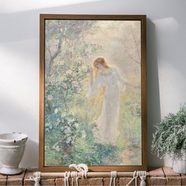 Light Airy Impressionist Art, Woman in Flower Garden, 19th Century Art, High Quality Art Print, Soft Feminine Art, René Gérin, Pale Pink Art