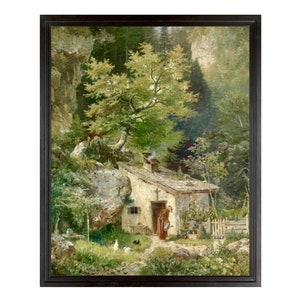 May include: A painting of a small, white cottage nestled in a lush green forest. A figure in a brown robe stands near the cottage, holding a watering can. The scene is bathed in warm sunlight, creating a peaceful and serene atmosphere.