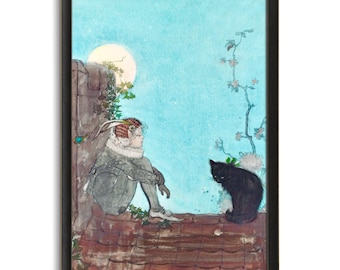 1912 En la azotea, lámina ilustrada de cuento de hadas, gato negro, arte mural encantado, arte de libros antiguos, elfo y gato, Kate Cameron, turquesa